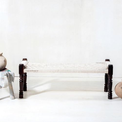 Image of Wooden Bench for Seating | Handcrafted Sheesham Wood Bench for Living Room, Balcony & Garden | Traditional Patio for Outdoor with Cotton Handwoven Rope | White