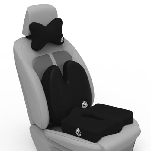 Image of MRRON Memory Foam Posture Corrector Car Seat Cushions Combo | Orthopedic Backrest, Coccyx Cushion & Neckrest | Ergonomic Lumbar Comfort Seat Cushion | Reduces Sciatica, Back Pain. (Black, Backpro)