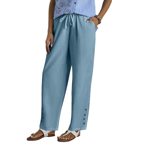 HOTYD Womens Hollow Out High Waist Linen Pants Drawstring Elastic Waist Summer Casual Pants Loose Fit Trousers with Pockets