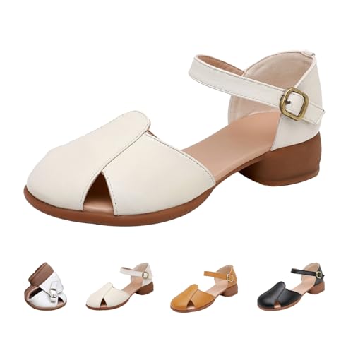 Women's Leather Closed Toe Low Block Heel Sandals,2025 Comfy Cutout Buckle Ankle Strap Casual Dressy Mary Jane Pumps
