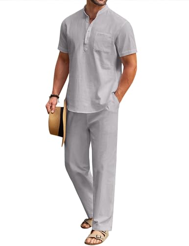 COOFANDY Men's 2 Pieces Cotton Linen Set Casual Short Sleeve Henley Shirts Beach Yoga Pants Summer Outfits - image 1
