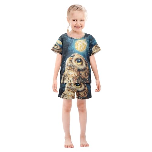 ALAZA Owl Moon Night Watercolor Pajamas Set Short Sleeve Cotton Sleepwear Summer Pjs 2 Piece 5-14Y3