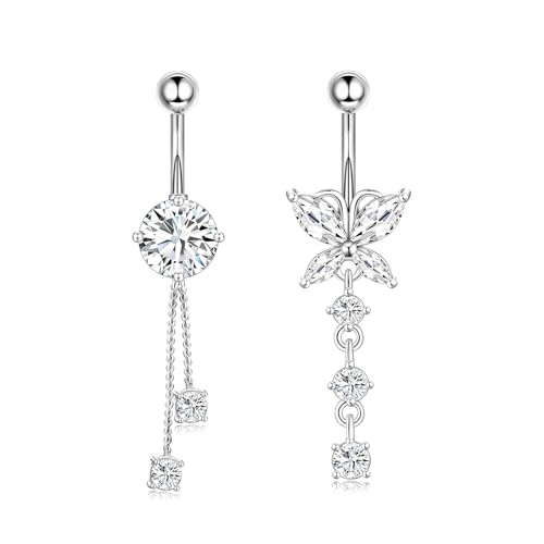 Ruzister Juego de 2 piercings para ombligo de acero inoxidable quirúrgico para mujer, color plateado