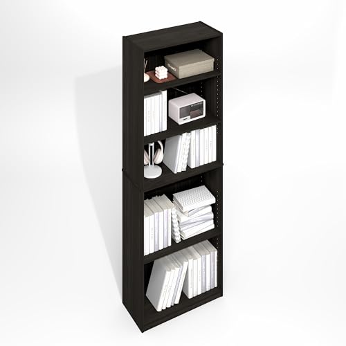 Image of Furinno Jaya Simply Book Shelf, 5-Tier Bookshelf, Bookcase with Adjustable Shelves, 9.5 x 24.5 x 71.2, for Living Room, Bedroom, Home Office, Black Espresso