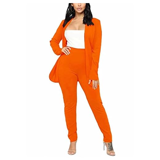 Women's 2 Piece Elegant Open Front Long Sleeve Blazer and High Waist Pencil Pant Set Work Office Suits Orange