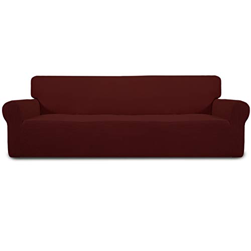 Image of Easy-Going Stretch 4 Seater Sofa Slipcover 1-Piece Sofa Cover Furniture Protector Couch Soft with Elastic Bottom for Kids, Polyester Spandex Jacquard Fabric Small Checks Wine