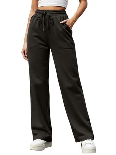 Image of JUNEBERRY Wide Leg Track Pants for Women & Girls (Pure Cotton, Bootcut, Regular Fit, High Rise Trouser, Drawstring, Available in Black, Brown, Navy, Olive Green, Lilac, Beige)
