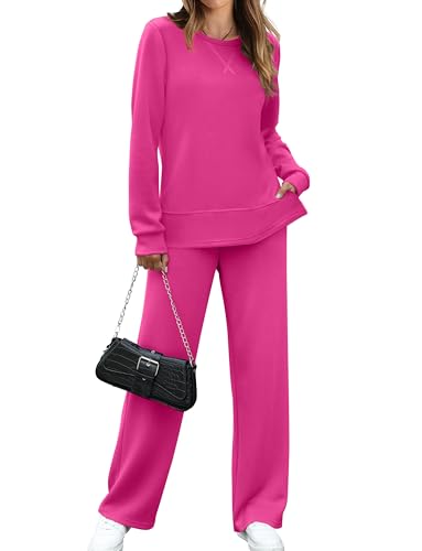 OFEEFAN Women's Two Piece Lounge Set Fall Fashion Travel Outfits Long Sleeve Loungewear Wide leg Track Suit Airport Sweatsuit Casual Winter Pink M