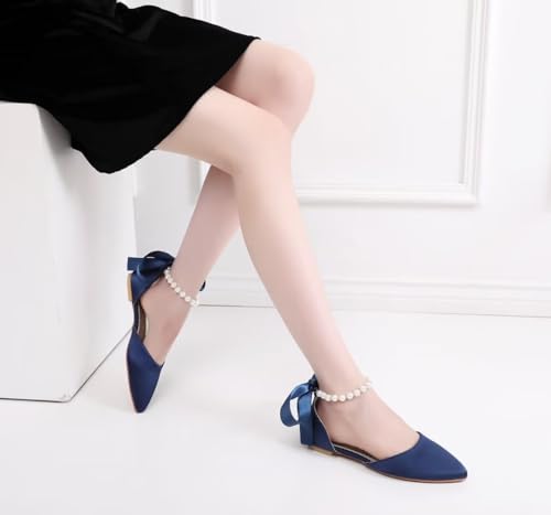 Image of Women's Bride Ballet Flats Satin Pointed Toe Pearl Ankle Strap Shoes | Satin Pointed Toe Flats; Pearl Ankle Strap Wedding Shoes