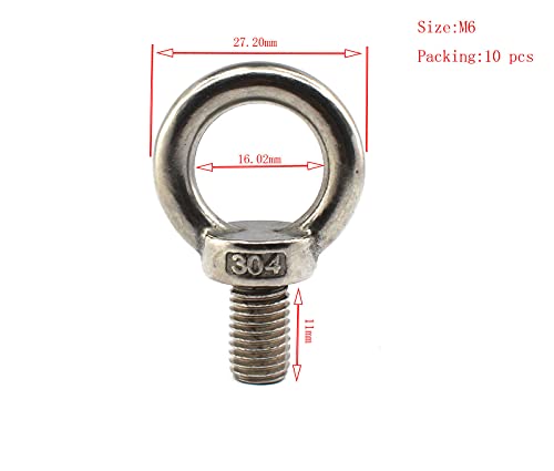 Image of 304 Stainless Steel M6 Lifting Rigging Eyebolt Ring Shaped with Standard Length of Thread Pack of 10 pcs