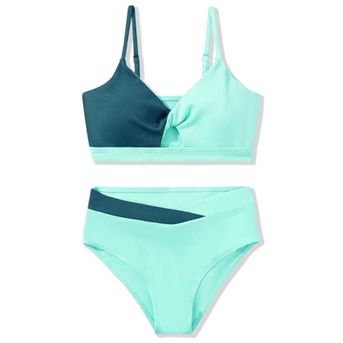 Image of Girls Swimsuit Color Block Twist Bathing Bikini Suit Adjustable Straps Girls 2 Piece Swimsuit 7-14 Years