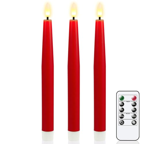 Image of Christmas Flameless Taper Candles with Remote, Red Real Wax LED Taper Candles Battery Operated with 3D Wick, 3 Pcs LED Flameless Candlesticks for Christmas Home Decor(0.78 inch x 9.65 inch)