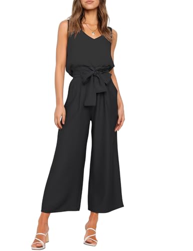 FANCYINN Pantaloni a Coltura da Donna a 2 Pezzi Set v Canotte Canotta con Canotte Larghe con Pantaloni di Carrello a Vita Alta con Cinghia Top Nere e Pantaloni Gamba Larga L