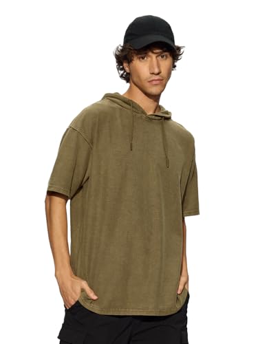 Image of The Souled Store Men and Boys Short Sleeves Solid Cotton Oversized Hooded T-Shirts