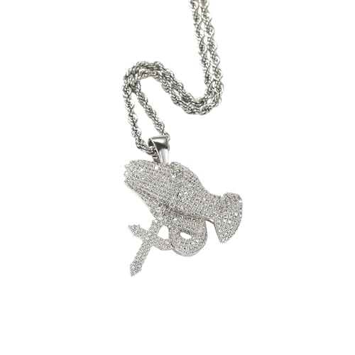 Collier en Argent Sterling avec Pendentif Main en Prière Gelée et Croix CZ Hip Hop pour Homme