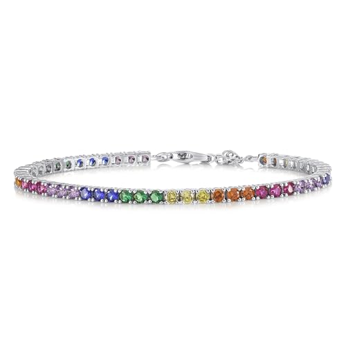 Pulsera de tenis colorida con diamantes para niñas, plata de ley con piedras multicolores, pulsera de plata de ley con arco iris, 17.5 cm, Plata de ley