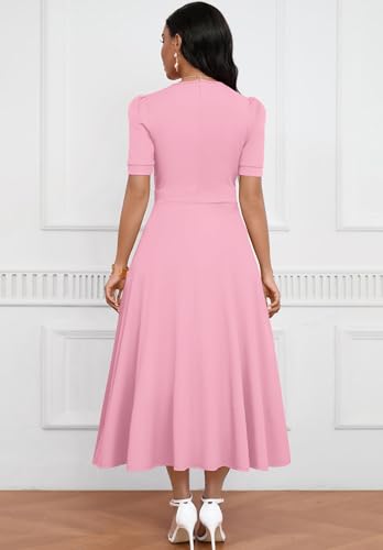Image of MarryUP Women's Midi Dresses - V Neck Cocktail & Church Tea Dresses - Short Sleeve A-Line Swing Dress