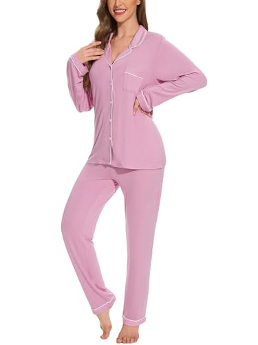 Image of Button Up Pajamas for Women Long Sleeve Sleepwear Soft Loungewear Ladies Pjs Set XS-XXL