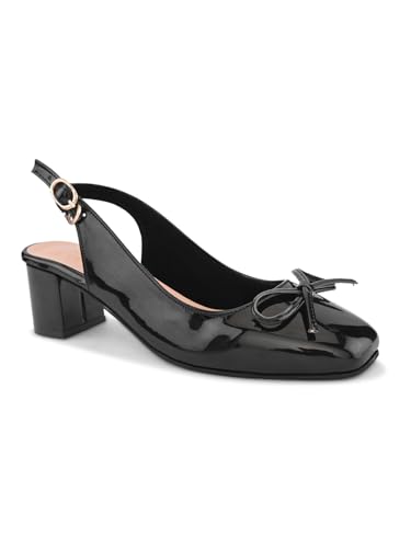 Image of XE Looks Women's Glossy Slingback Heels | Elegant Bow Design | Comfortable Square Toe Sandals for Girls & Women