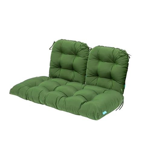 Image of QILLOWAY Outdoor Patio Cushions Set of 3, Wicker Furniture Cushions with Ties, Waterproof Loveseat & Seat Cushions for Patio Bench, Porch Chair, Outdoor Replacement Cushions, Dark Green