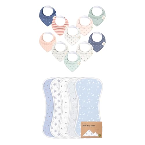 KeaBabies 10-Pack Baby Bandana Drool Bibs and 5-Pack Burp Cloths for Baby Boys and Girls - Cotton Rags for Toddlers Boys, Girls - Ultra Absorbent Burping Clothes for Infants