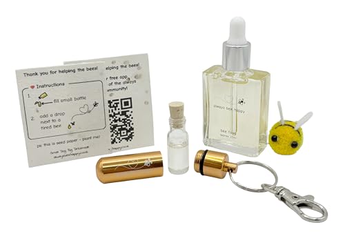 Bee Revival Kit - Always Bee Happy Engraved Keyring Glass Vial Bee Feed Dropper Bottle Organza Pouch