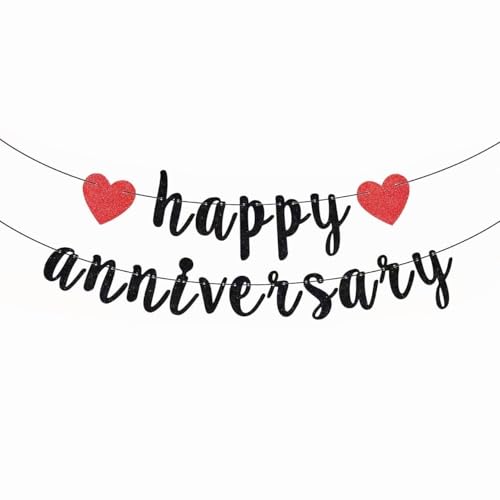 Happy Anniversary Banner Glitter Black Anniversary Decorations Garland Red Love Heart Romantic Hanging Decorations for Wedding Party Home Room Ceiling Door Window Table Indoor Outdoor Supplies