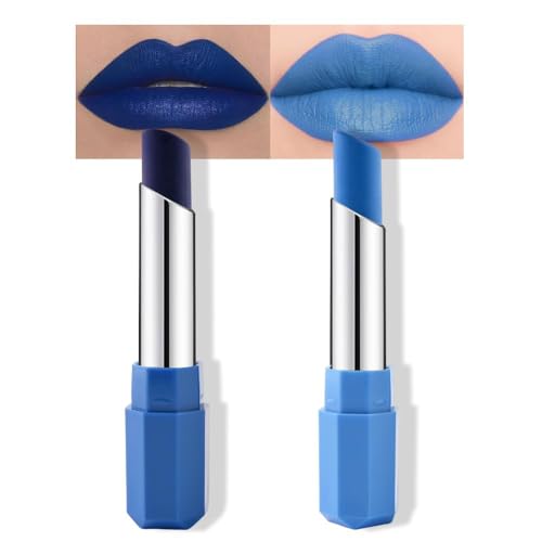 HHLTOH 2Pcs Blue Matte Cream Lipstick Set for Women Deep Blue & Sky Blue Twist-Up Smooth Long-Lasting Lip Color Lightweight Hydrating Velvet Finish for Everyday Makeup Holiday Party Evening