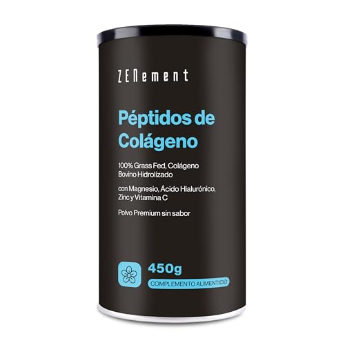 Péptidos de Colágeno Hidrolizado de Ganado Bovino Alimentado con Pasto - con Magnesio, Ácido Hialurónico, Zinc y Vitamina C - Sin Sabor - Alta Solubilidad - 450 g