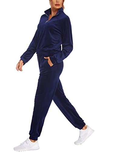 Hotouch Sweatsuit For Women 2 Piece Velour Velvet Jogger Set Hoodie Sweatshirt And Sweatpants Set Navy Blue S #TOP2