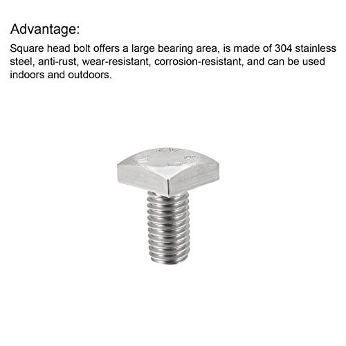 Image of uxcell Square Head Bolt, 10pcs M6x10mm Fully Thread 304 Stainless Steel Grade C Square Machine Screws