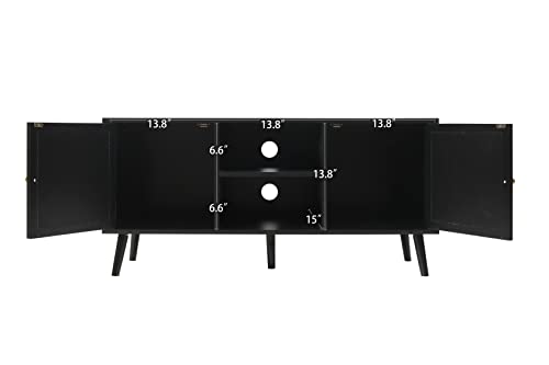 Rarzoe Rattan Tv Stand For Tvs Up To 55 Inch, Modern Farmhouse Media Console Storage Cabinet Table, Wood Entertainment Center With Adjustable Shelves For Living Room (Black) #TOP3