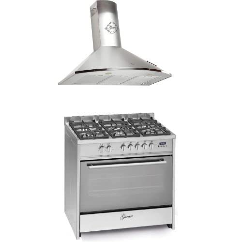 GURARI Gas-Standherd GCH G 910 X +GCH 462 IS 9 Prime Dunstabzugshaube 90 cm, Edelstahl Schwarz Glas,1000m³/h, Gas Standherd 90 cm/Range Coocker / 111L / 5 Hochwertige Brenner