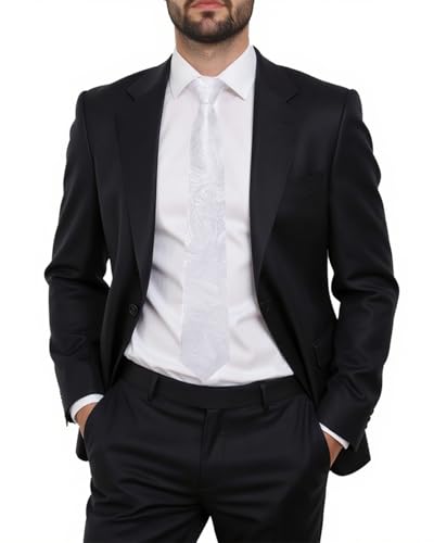 Image of Hi-Tie Zipper Ties for Men White Paisley Adjustable Pre-Tied Necktie Lapel Pin Pocket Square Cufflinks Set