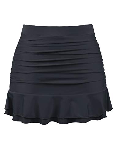 Hilor Women's Shirred Ruffle Swim Skirt Tummy Control Skirted Bikini Bottoms High Waisted Swim Bottom
