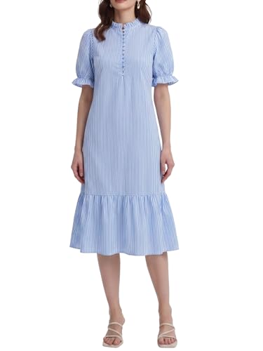 Image of Summer Floral Midi Dress for Women Spring Puff Short Sleeve Button Down Flowy Boho Dresses