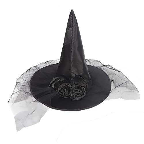 NICEYEA Halloween Women Witch Hats Costume Decorations Foldable Rose Gauze Black Witches Hat Adult Halloween Christmas Cosplay Accessories - Image 2