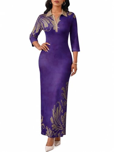 Image of PinkPatty Women's Casual 3 /4 Sleeve Polo V Neck Bodycon Maxi Dress