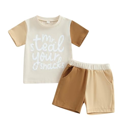 Image of FOCUSNORM Baby Boy Summer Clothes Letter Contrast Short Sleeve T-shirt Top and Elastic Shorts 2 Pcs Set Toddler Infnat Outfit