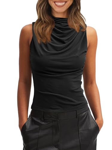 Tankaneo Womens Sleeveless Tank Tops Slim Fitted Mock Neck Draped Stretchy Summer Casual Ruched Tops