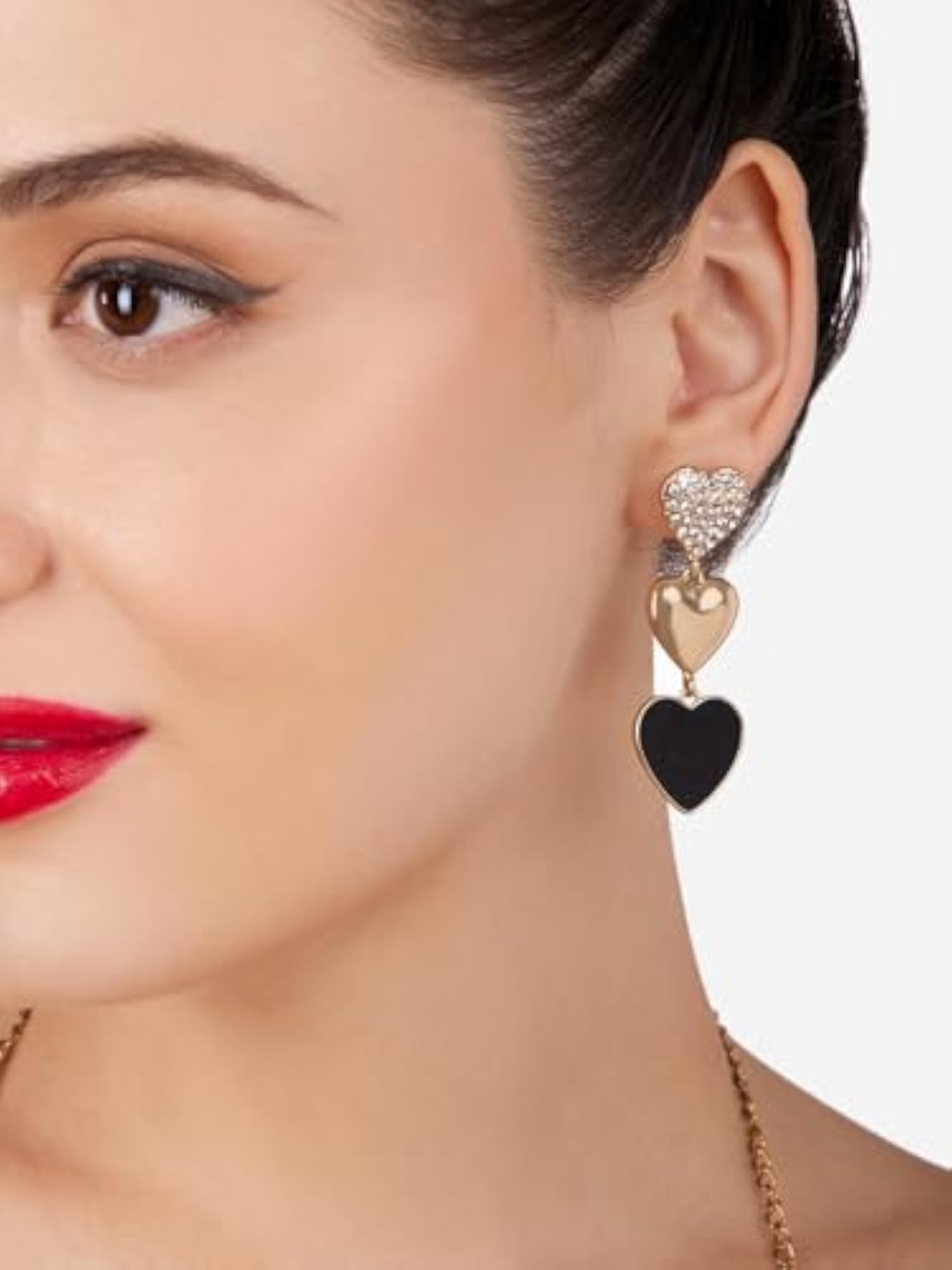 Black Enamel Austrian Diamonds Embellished Hearts Drop Earrings