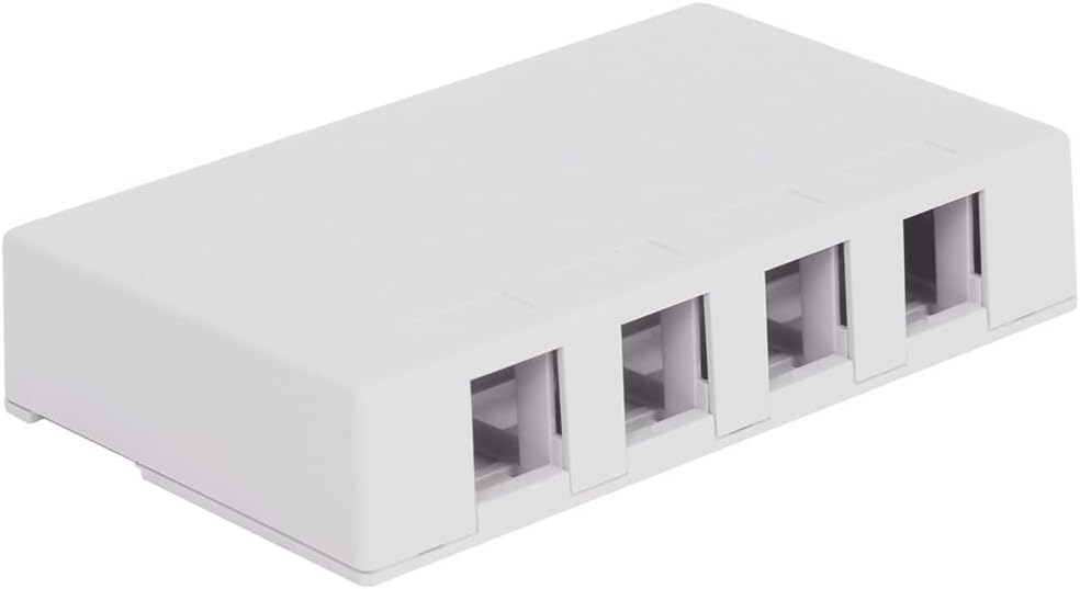 ICC 4 Port Surface Mount Box in White, Works with Slim and Wide Profile Keystone Jacks (Sold Separately), Compact Outlet for Voice and Data Connections, UL Listed TAA Compliant, IC107SB4WH