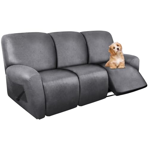Image of molasofa Recliner Sofa Covers - 8 Pieces Stretch Leather Like Large Couch Covers for 3 Seats Reclining Slipcovers Soft Jacquard Pattern Furniture Protector with Elastic Bottom (Grey)