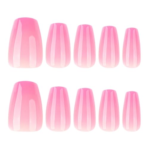 Image of Short Press on Nails Pink Ombre Fake Nails Short Coffin Glue on Nails Glossy False Nail French Tip Stick on Nail Nature Reusable Artificial Acrylic Full Cover Nail for Women Manicure 24Pcs