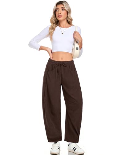 HOTIAN Womens Corduroy Pants Barrel Mid Rise Elastic Waist Loose Comfy Casual Baggy Trouser with Pockets2