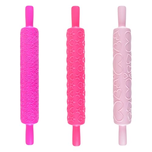 Hemoton Rolling Pin Heart Embossed Plastic Set of 3 Baking Rolling Pin for Pizza Cookies