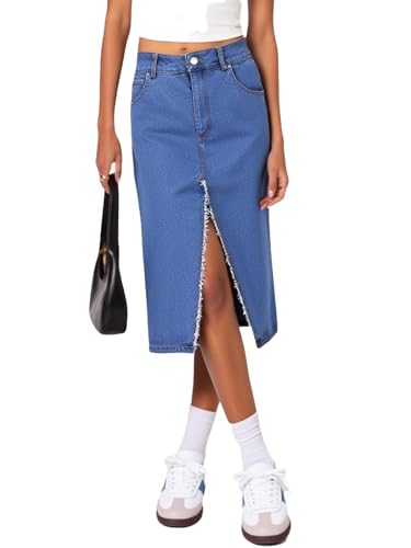 Jean Skirts for Women Denim High Waist Front Frayed Raw Hem A line Midi Knee Length Jean Skirt with Slit