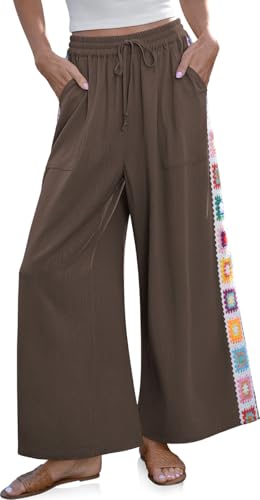 Image of TARSE Womens Wide Leg Linen Pants Summer Casual Drawstring Loose Lounge Palazzo Crochet Panel Pant with Pocket