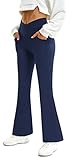 FireSwan Womens Crossover Flare Leggings with Pockets Bootcut High Waisted Yoga Pants Tummy Control Gym Workout Work Pants Navy Blue