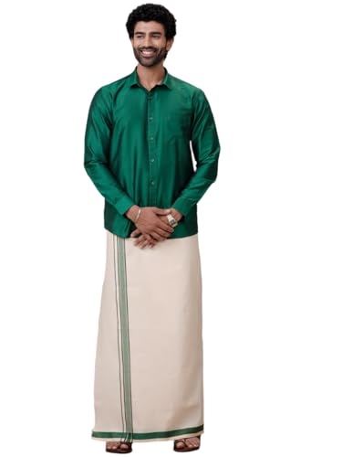 Image of RAMRAJ COTTON Men Parsley Green Silk Cotton Full Sleeves Shirt With Matching Border Tissue Dhoti Set CCB Fortune-SMC3